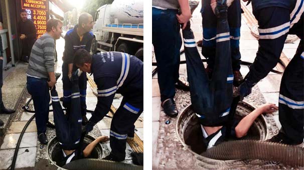 Tıkanan rögara işçilerden ilginç müdahele