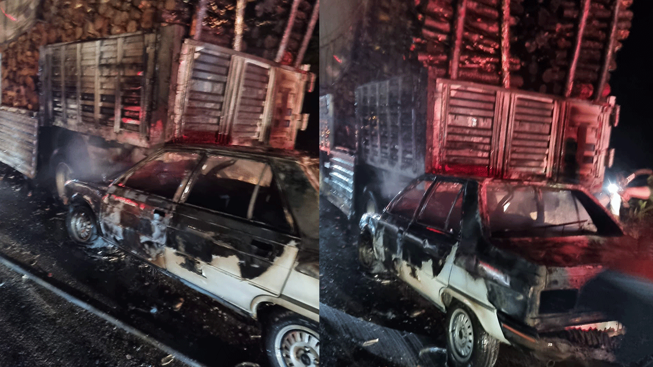 Tıra çarpan otomobil alev alev yandı