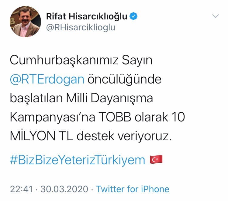 TOBB Başkanı Hisarcıklıoğlu’ndan “Biz Bize Yeteriz Türkiyem” kampanyasına destek 