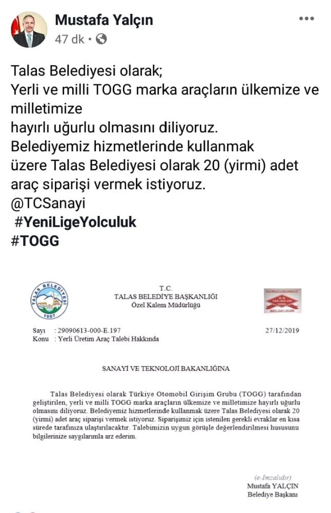 TOGG’a bir sipariş de Kayseri’den 
