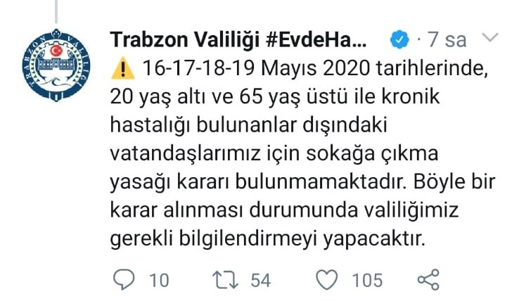 Trabzon’da bu hafta sonu sokağa çıkma yasağı uygulanmayacak 