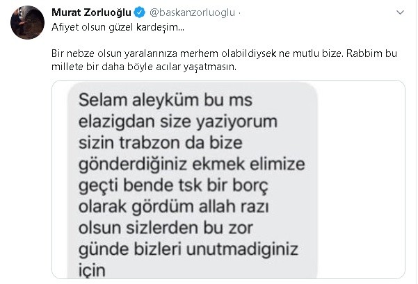 Trabzon’dan Elazığ’a gönderilen ekmek için Başkan Zorluoğlu’na teşekkür 