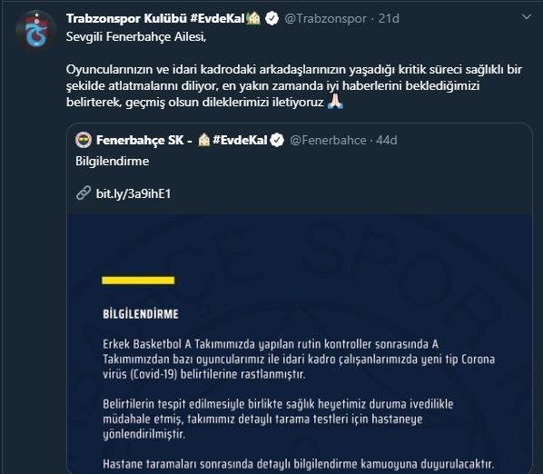 Trabzonspor’dan Fenerbahçe’ye geçmiş olsun mesajı 