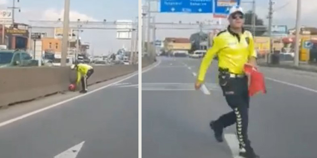 Trafiği durduran polis ekipleri koşarak yerden aldı! Sosyal medyada beğeni toplayan anlar