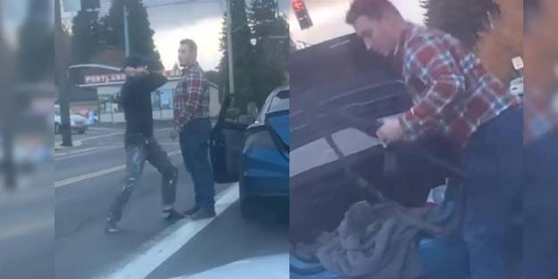 Trafikte akıllara durgunluk veren görüntü! Biri samuray kılıcı çekti, diğeri otomatik tüfek