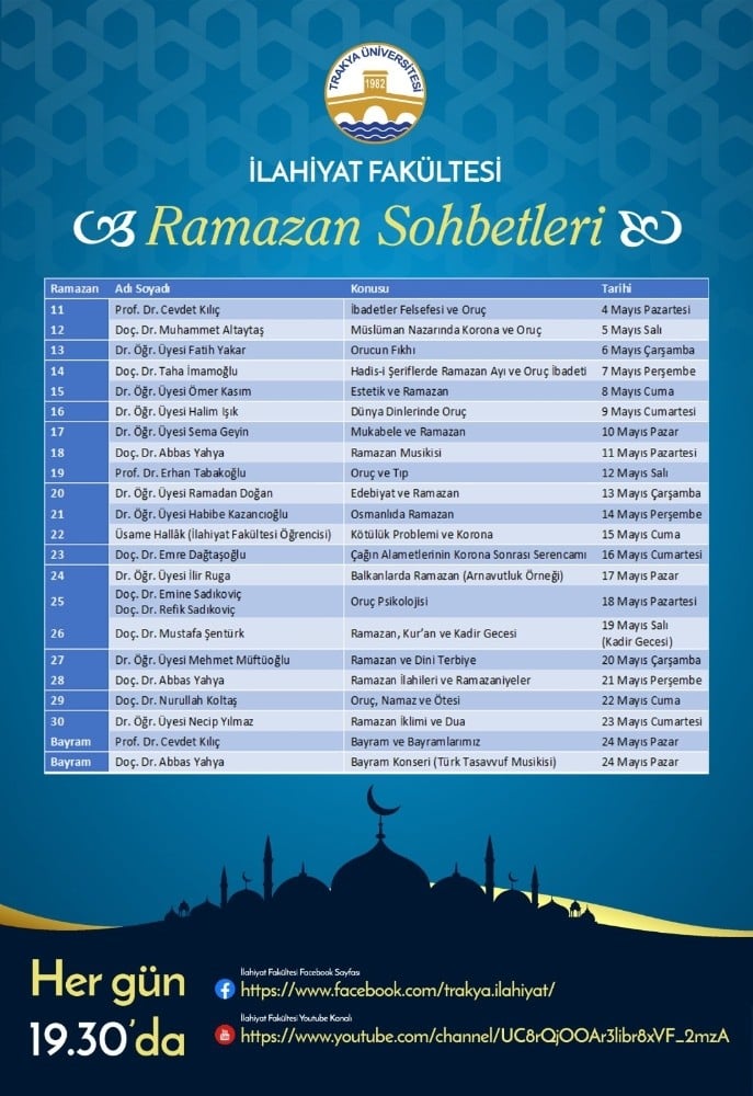 Trakya Üniversitesi İlahiyat Fakültesi’nden bir kültür hizmeti daha: “Ramazan Sohbetleri” 