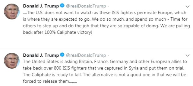 Trump, AB’den DEAŞ militanlarını geri alarak yargılamalarını istedi 