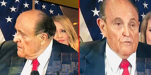 Trump’ın avukatının basın toplantısında zor anları! Saç boyası aktı