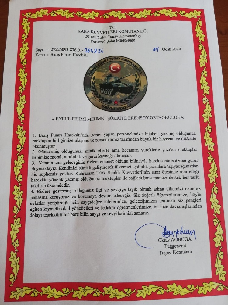 TSK’dan öğrencilere teşekkür belgesi 
