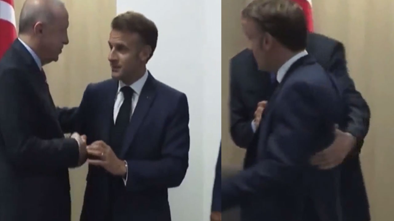 Tüm dünya bu görüntüleri konuşuyor: Üstünlük kurmaya çalışan Macron'a Erdoğan öyle bir hareket yaptı ki...