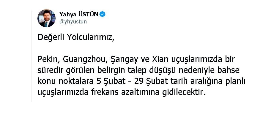 Türk Hava Yolları Çin’de sefer azaltıyor 