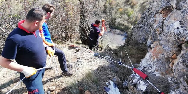 Uçurumda mahsur kalan keçileri itfaiye ekipleri kurtardı