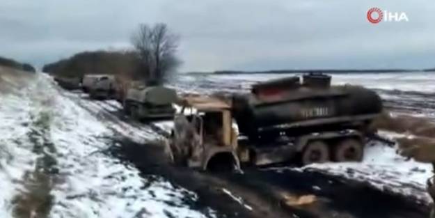 Ukrayna ordusu görüntüleri paylaştı! Rus ordusuna yakıt ikmali yapan konvoy imha edildi