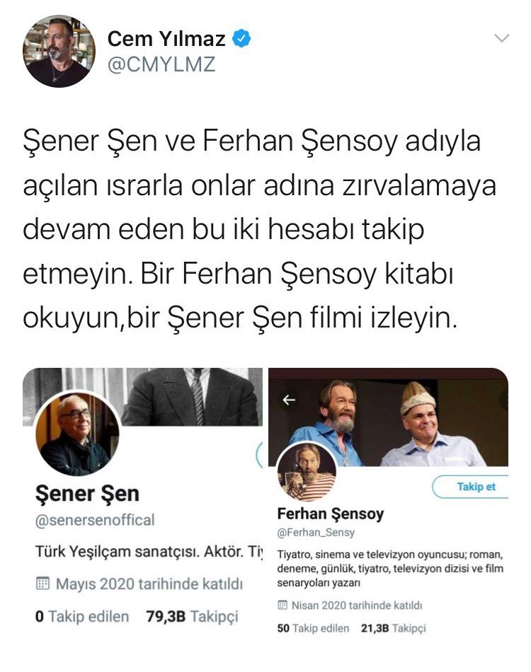 Ünlü oyunculardan ‘Şener Şen’ uyarısı 
