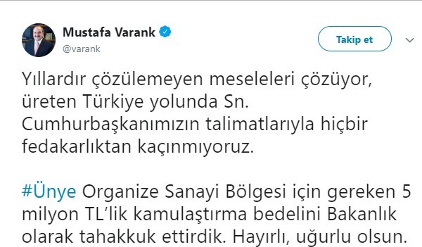 Ünye OSB için 5 milyon lira 