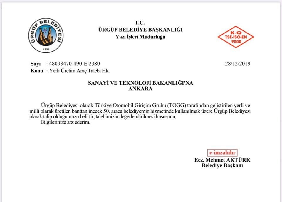 Ürgüp Belediyesi yerli otomobilin 50. üretimine talip oldu 