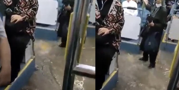 Üsküdar'da panik anları! İETT otobüsünü sel bastı yolcuların kaçışması böyle kaydedildi