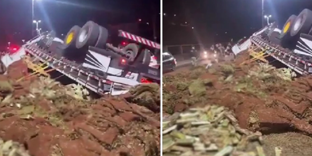 Uyuşturucu taşıyan kamyon polis karakolu önünde devrildi!