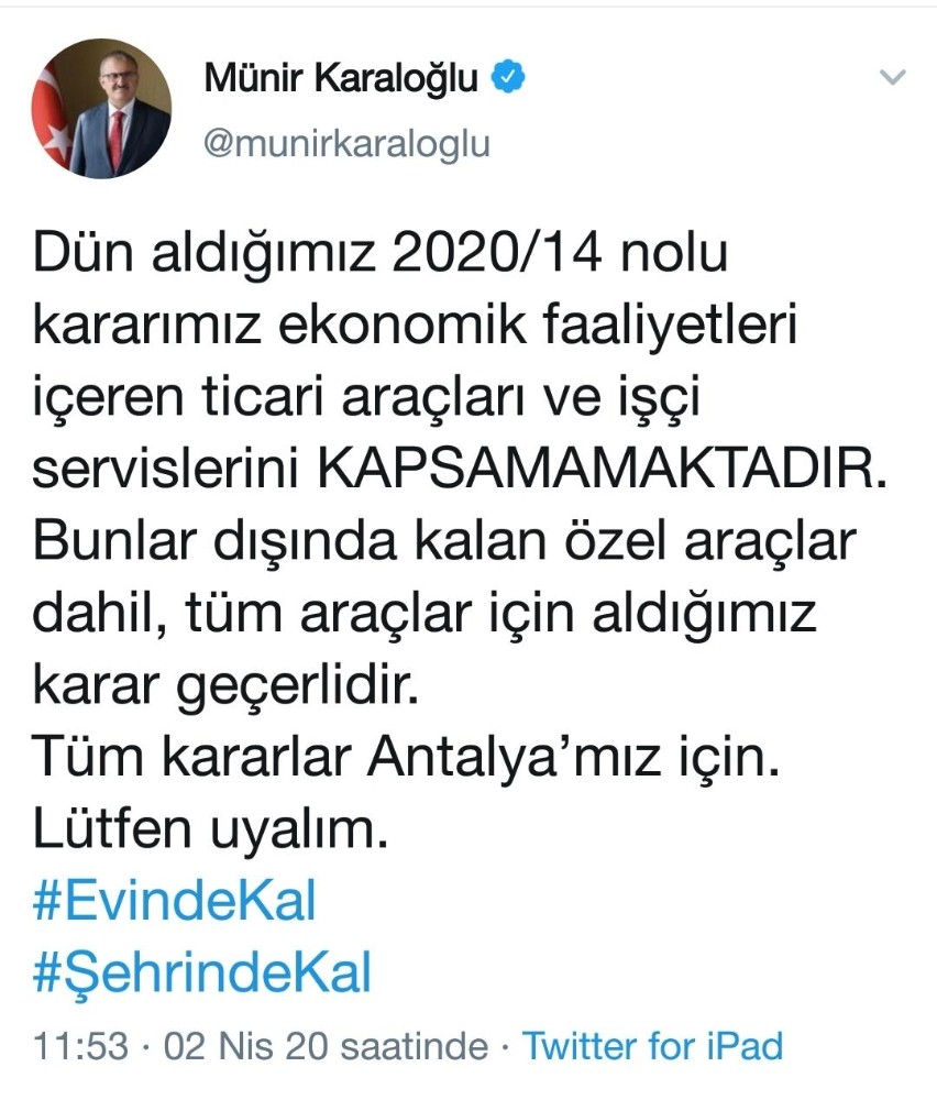 Vali Karaloğlu: “Kararımız ekonomik faaliyetleri içeren ticari araçları ve işçi servislerini kapsamamaktadır” 