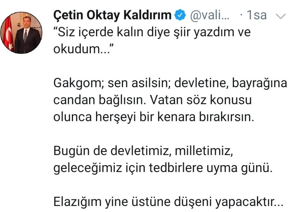 Vali Oktay yazdığı şiiri paylaştı, 