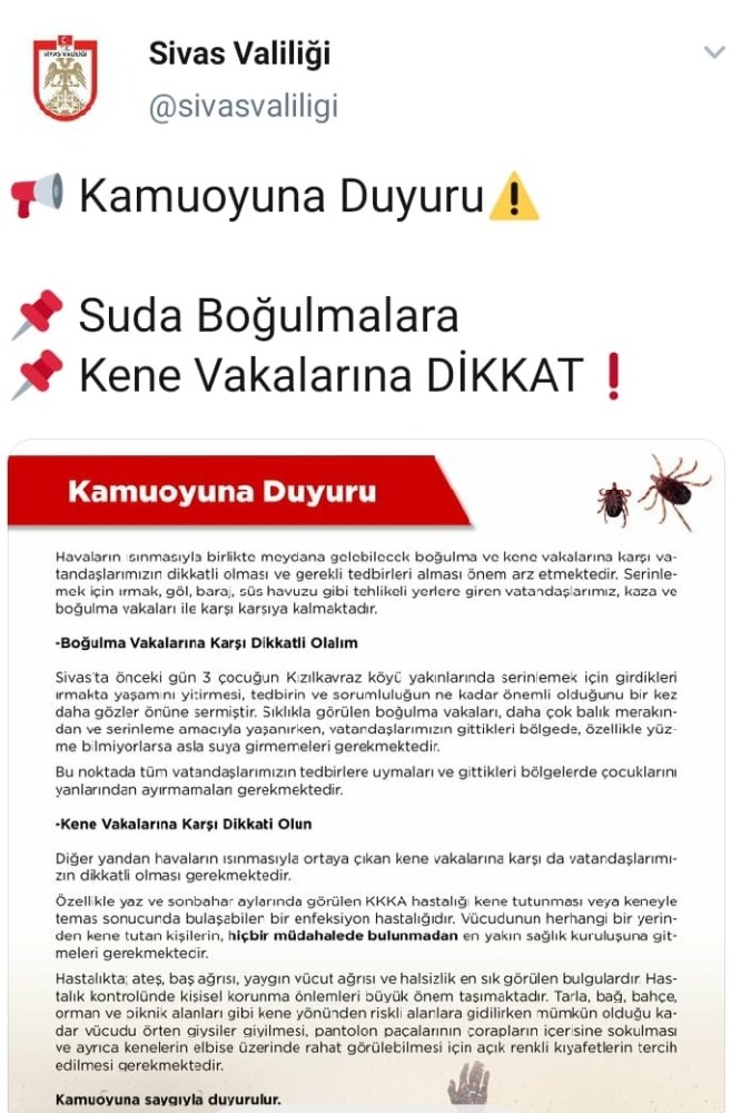 Valilikten boğulma ve kene uyarısı 