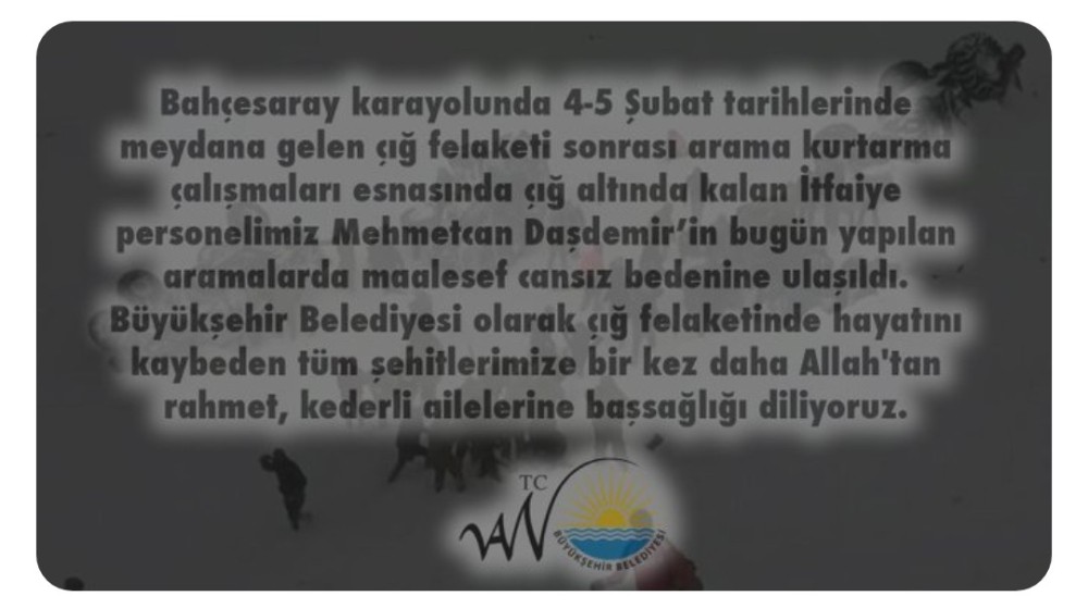 Van Büyükşehir Belediyesi’nden itfaiye eri için taziye mesajı 