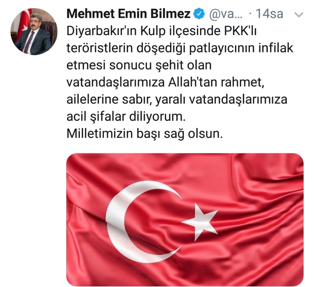 Van Valisi Bilmez’den Diyarbakır’daki sivil şehitler için taziye mesajı 