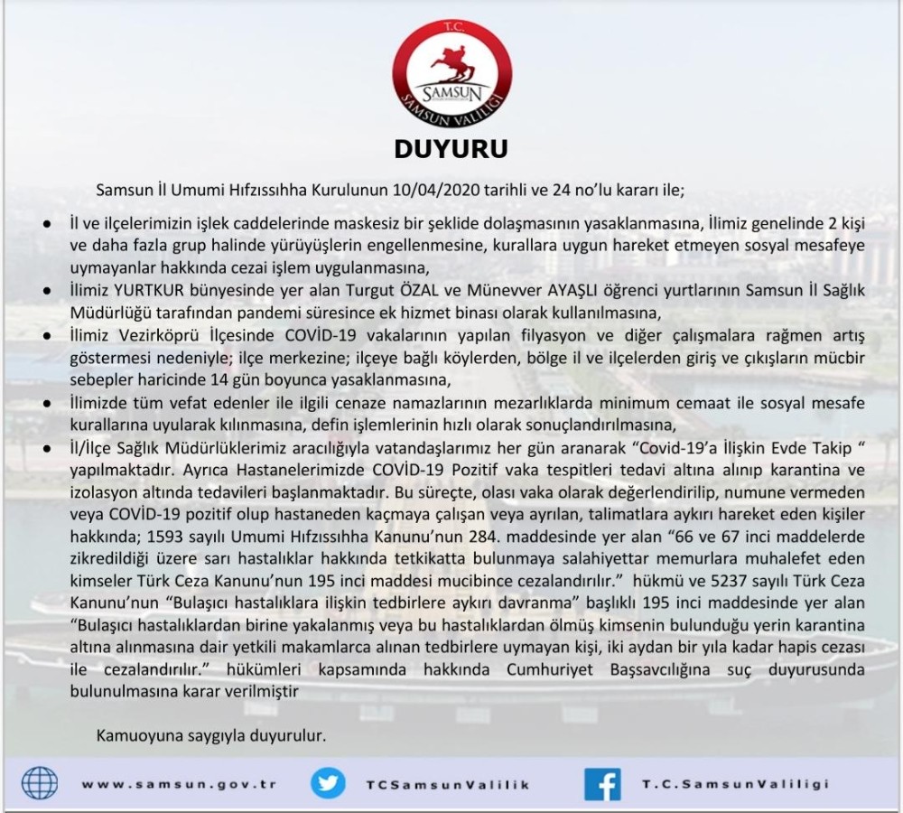 Vezirköprü’ye 14 gün karantina 