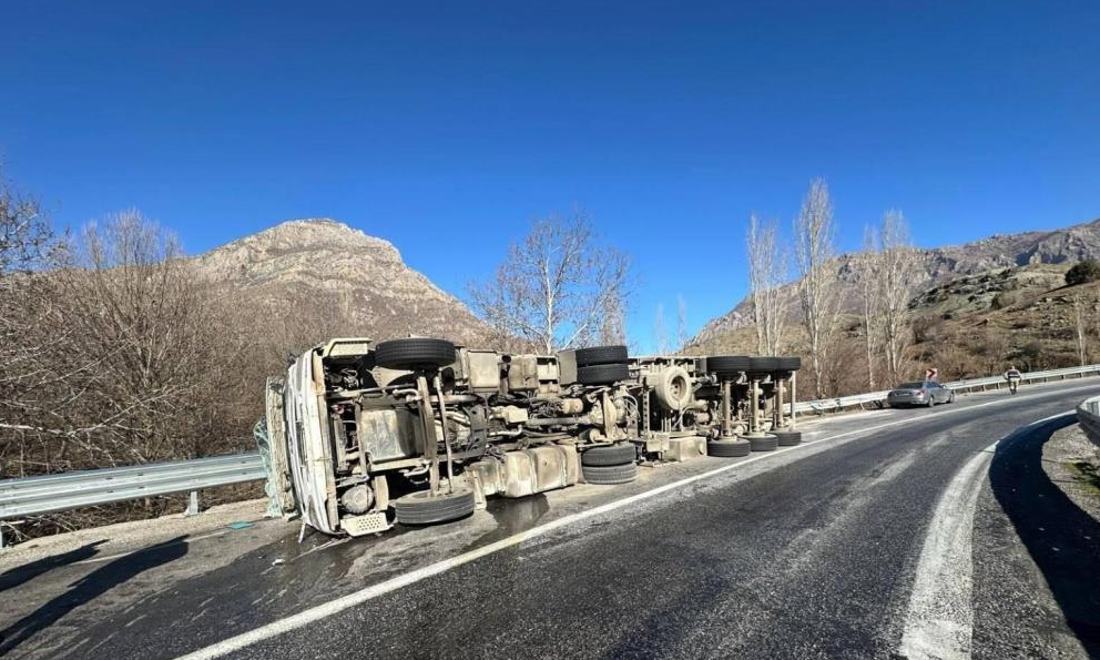 Virajı alamayan tır devrildi