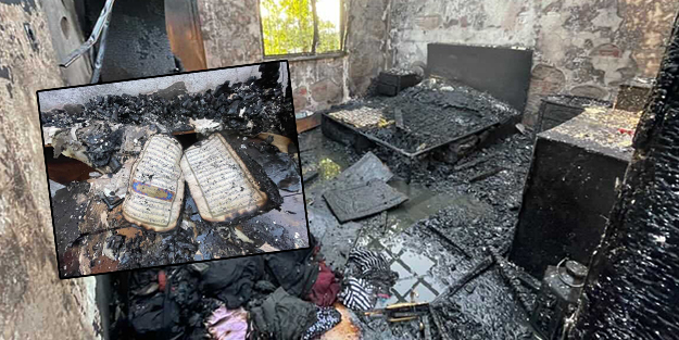 Yangında ev küle döndü, Kur'an-ı Kerim sayfaları zarar görmedi!