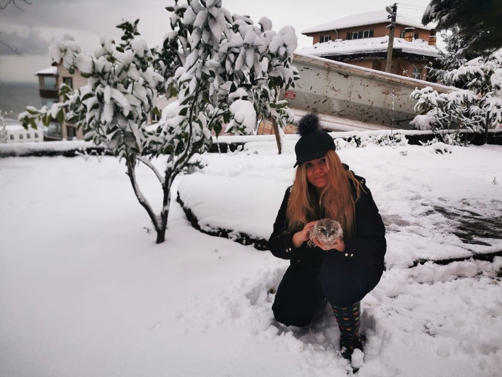 Yavru baykuşa gözü gibi bakıyor 