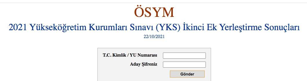 YKS 2. ek tercih yerleştirme sonuçları sorgulama ekranı