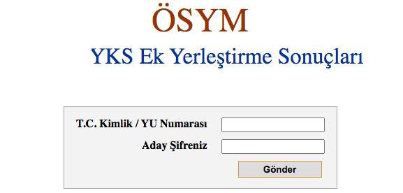 YKS ek yerleştirme sonucu sorgulama ekranı 2021