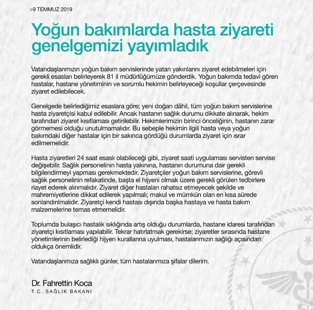 Yoğun bakımdaki hastalar ziyaret edilebilecek 