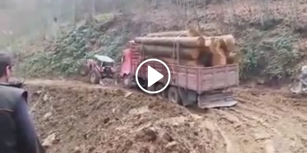 Kamyonu traktörle çekmek isteyince...