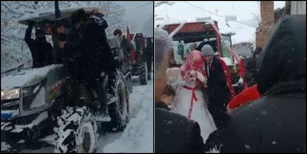 Yollar kapanınca gelini traktör konvoyuyla aldılar