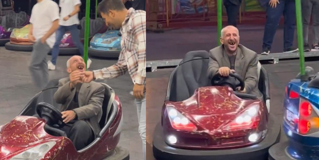 Yürekleri ısıtan video! Zihinsel engelli adamın çarpışan araba mutluluğu