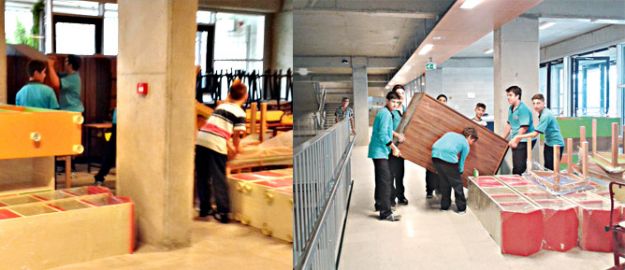 Yüzlerce sıra ve dolabı küçük çocuklara taşıtmış