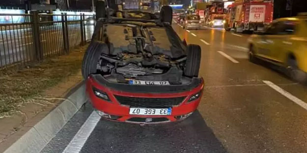 Zincirlikuyu'da taksiye çarpan otomobil takla attı