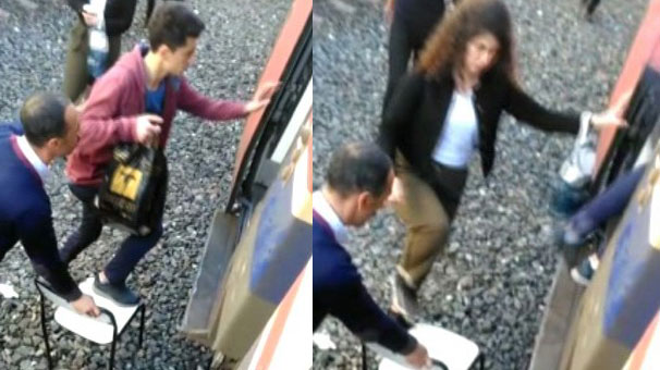 Zonguldak'ta perona yanaşamayan trene yolculardan sandalyeli çözüm!