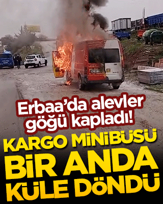Erbaa’da alevler geceyi yaradı! Kargo minibüsü bir anda küle döndü