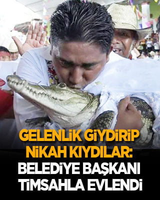 Gelinlik giydirip nikah kıydılar: Belediye başkanı timsahla evlendi