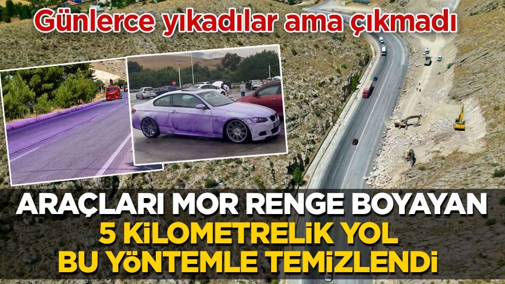 Günlerce yıkadılar ama çıkmadı! Araçları mor renge boyayan 5 kilometrelik yol bu yöntemle temizlendi
