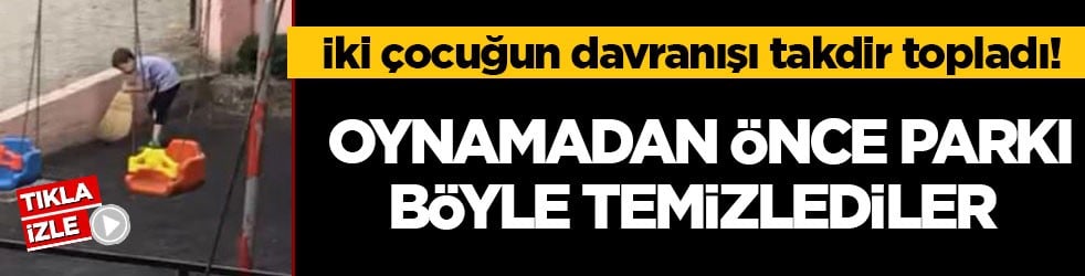 İki çocuğun davranışı takdir topladı! Oynamadan önce parkı böyle temizlediler
