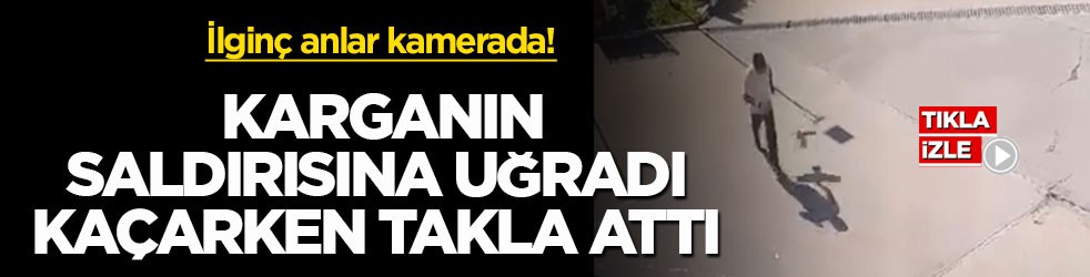 İlginç anlar kamerada! Karganın saldırısına uğradı, kaçarken takla attı