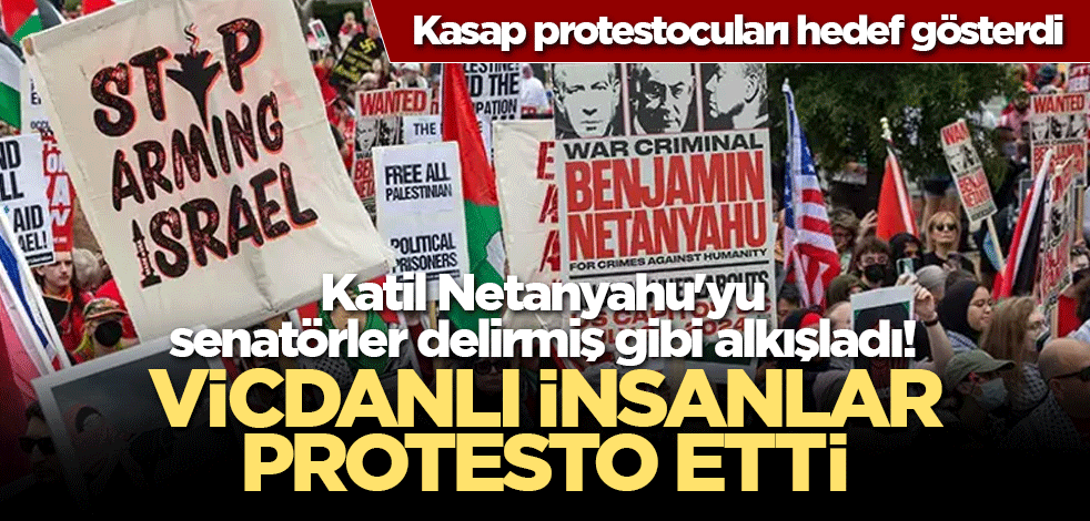 Katil Netanyahu'yu senatörler delirmiş gibi alkışladı! Vicdanlı insanlar protesto etti