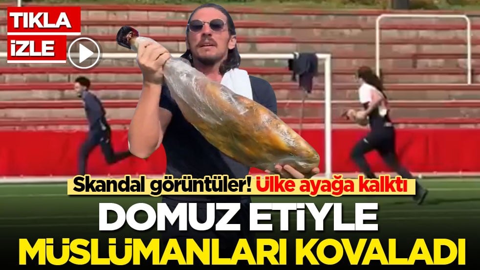 Skandal görüntüler: Domuz etiyle Müslümanları kovaladı