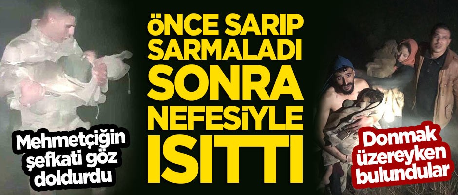 Suriyeliler donmak üzereyken bulundu! Mehmetçik sarıp sarmaladığı bebeği nefesiyle ısıttı