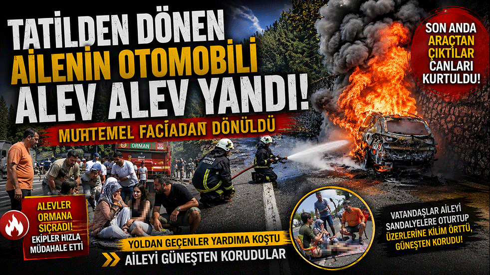 Tatilden dönen ailenin otomobili alev alev yandı muhtemel faciadan dönüldü