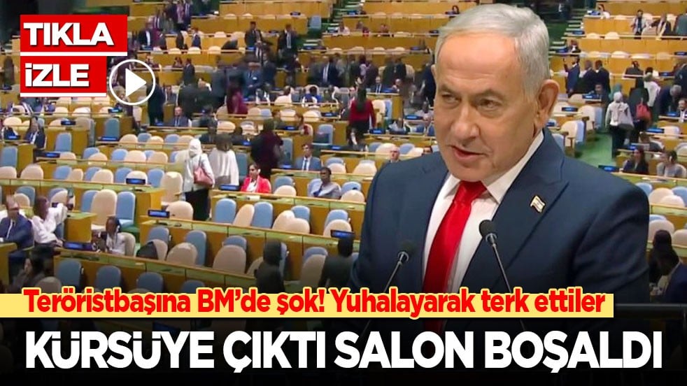 Teröristbaşına BM’de şok! Yuhalanarak kürsüye çıkan Netanyahu, boş salona konuştu